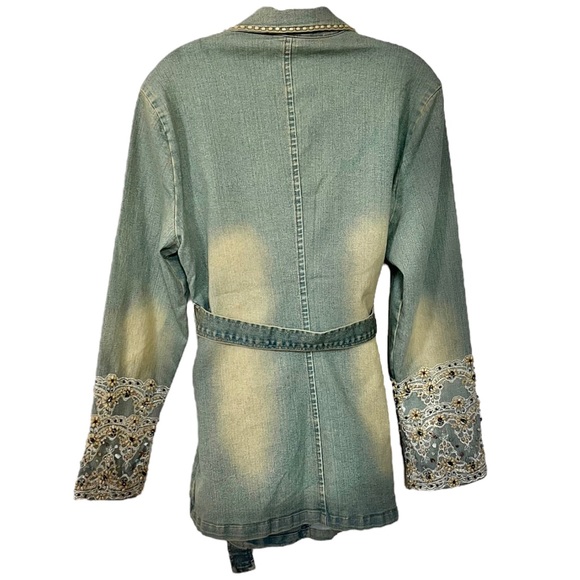 Vintage Kaity Jean Jacket Belted Button Front Bead Lace Sleeve Size Medium - Picture 4 of 16